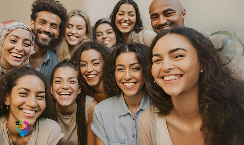 A group of diverse people smiling in a post about how to be friendly