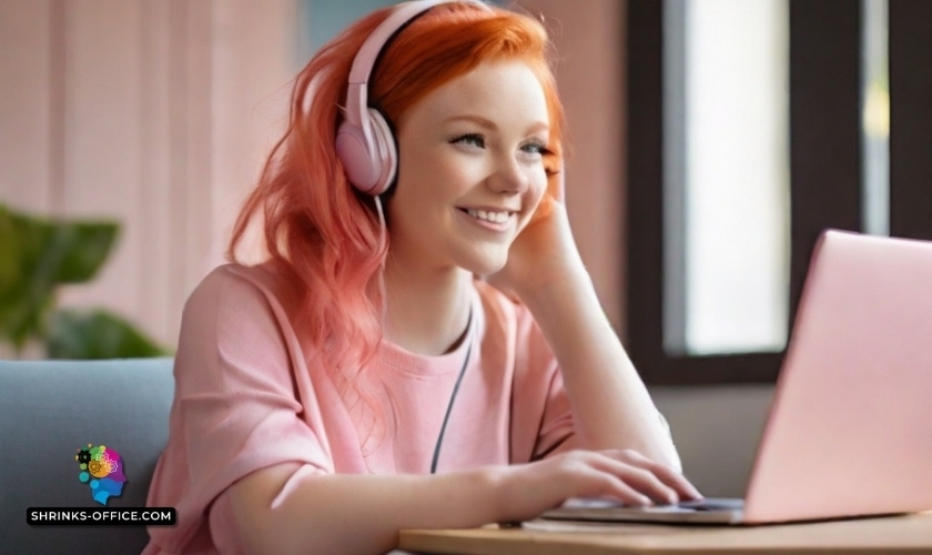 A young woman with bright red hair smiles as she listens through headphones and looks at a laptop, suggesting a relaxed online therapy session a post about can online therapy help you relax