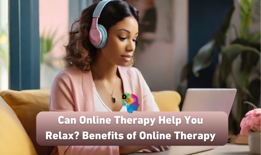 A focused young woman with headphones sits at a laptop, possibly engaged in an online therapy session, surrounded by a comforting home environment.
