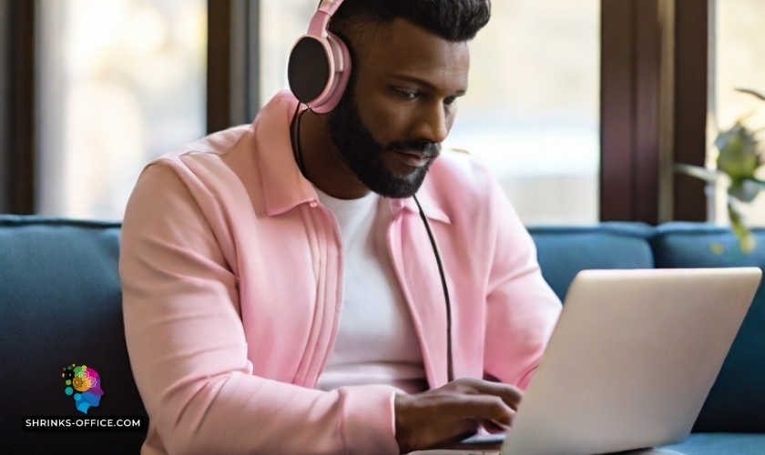 A man with headphones intently uses a laptop, potentially participating in an online therapy session, in a serene home setting in a post about can online therapy help you relax
