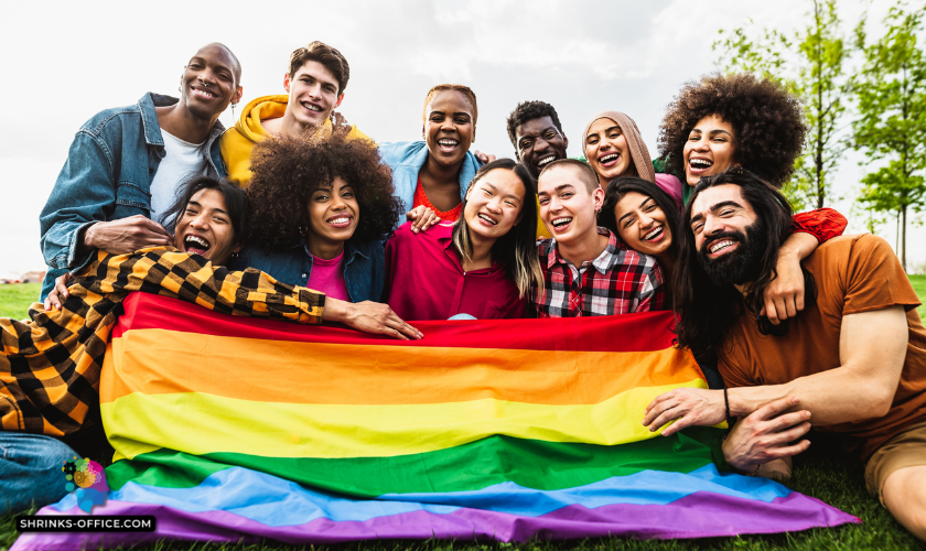 Diverse group of smiling young people holding a rainbow flag, representing unity and the joy of coming out to parents in a post about how to come out to your parents