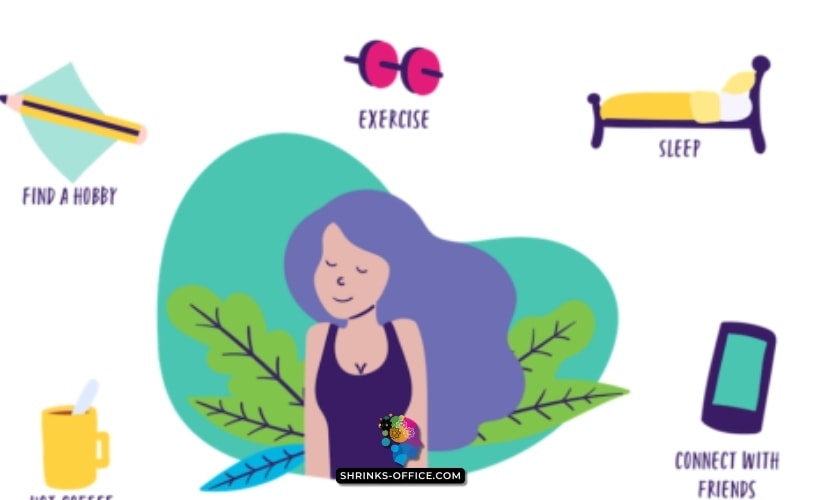 An illustrated representation of self-care activities such as finding a hobby, exercising, getting adequate sleep, enjoying hot coffee, and connecting with friends, emphasizing the journey of how to overcome self-hatred and build self-love.