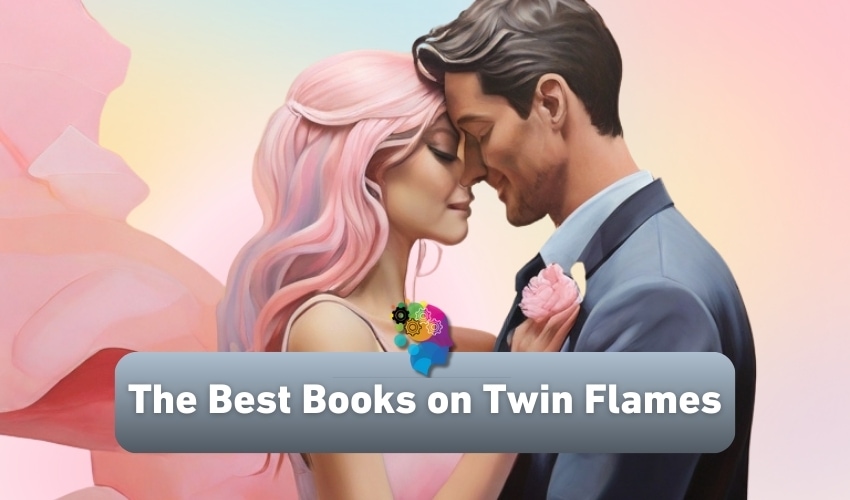 Illustration of a romantic couple closely embracing, with the man in a suit and the woman with pink hair and a flowing dress, symbolizing twin flames.