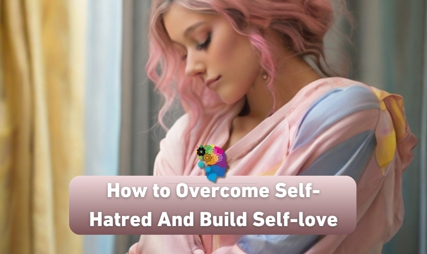 An introspective woman with pink hair bows her head in contemplation, embodying the journey of self-discovery and healing depicted in the guide on 'how to overcome self-hatred and build self-love'.