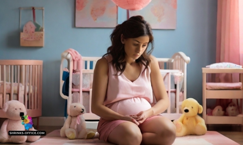 A pensive pregnant woman sitting in a nursery room surrounded by stuffed toys, reflecting on maternal mental health with a focus on is postpartum depression hereditary?