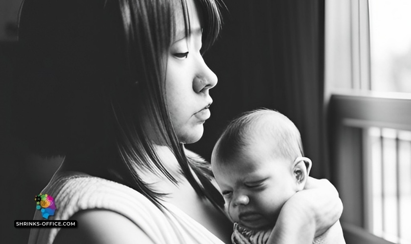 A black and white photo of a mother gently cradling her baby, both appearing contemplative, symbolizing concerns around is postpartum depression hereditary?