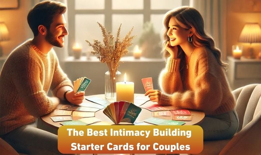 A realistic image of two people sitting at a cozy, modern table with a soft, intimate atmosphere, using conversation starter cards.