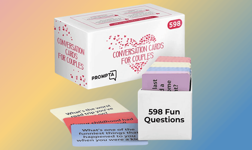 conversation cards for couples box image fron and showing some of the card in teh box game